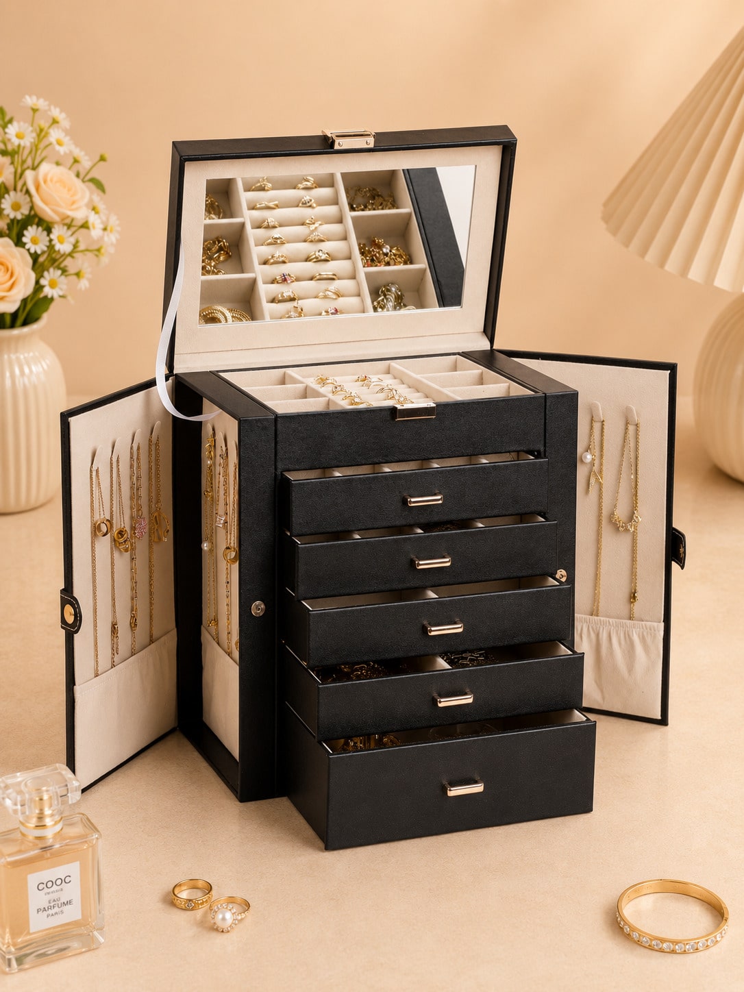 Women Accessories Drawer - Caja de joyería grande de cuero