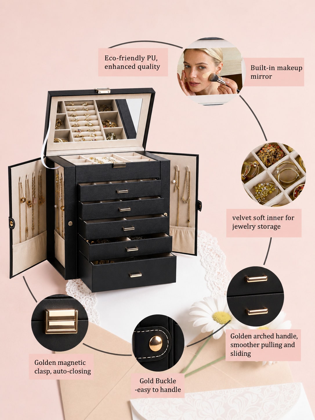 Caja de joyería grande de cuer - Women Accessories Drawer reseña y precio